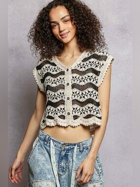 POL Crochet Button-Down Vest with Scalloped Edges
